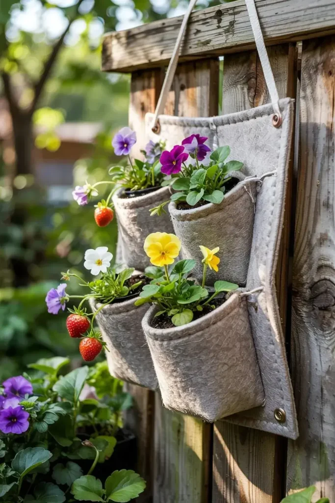 Hanging wall planter with pansies and strawberries on a wooden fence.