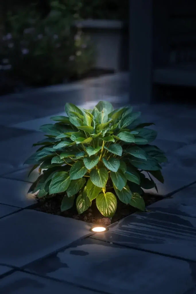 A green plant illuminated by in-ground lights at night in a patio.