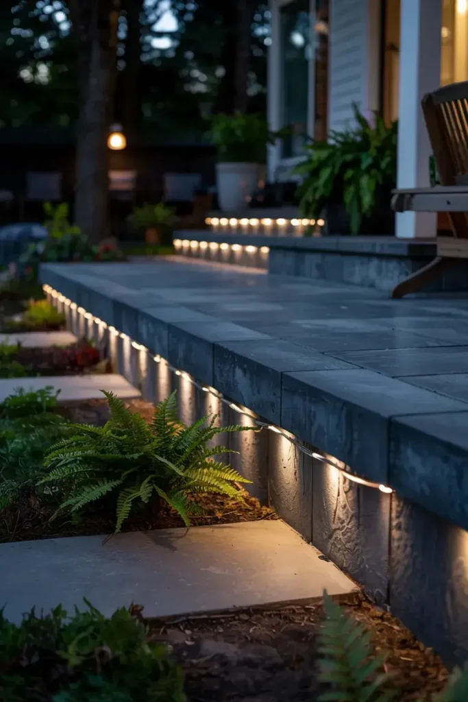 Outdoor patio stone steps illuminated with strip lighting at dusk.