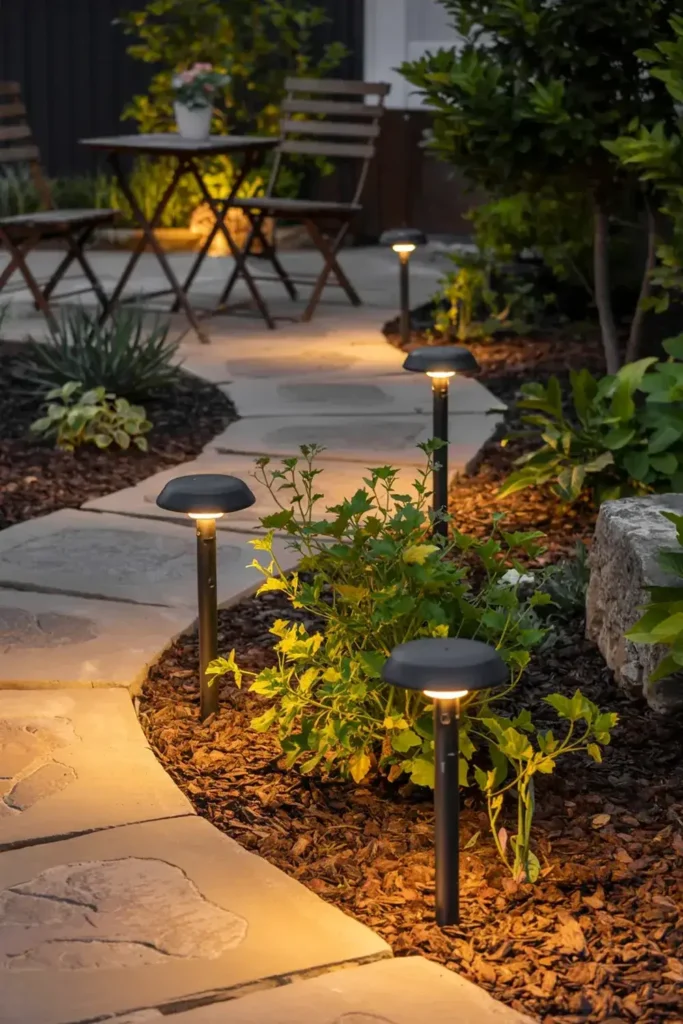 Illuminated stone pathway leading to an outdoor dining area with landscape lighting.