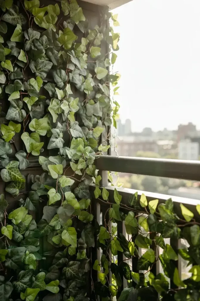 A balcony with climbing ivy and a city view.