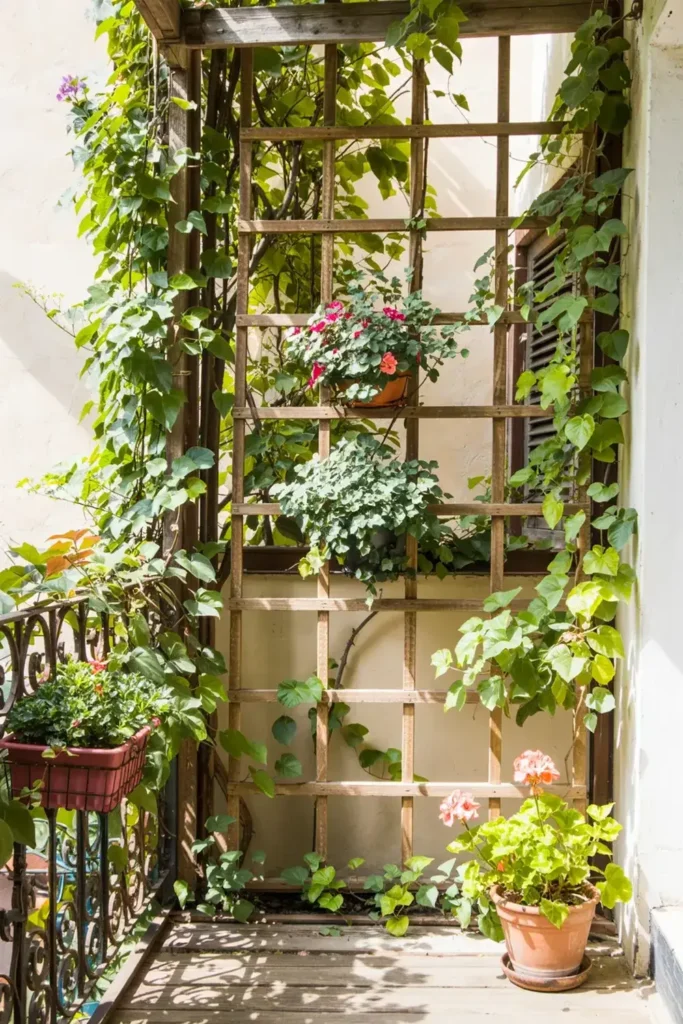 Balcony with potted plants and climbing vines on a trellis.