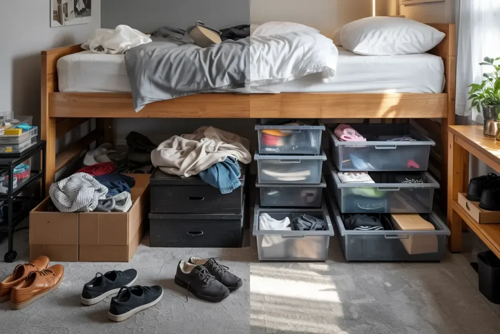 Split view showing messy versus organized storage containers under a wooden loft bed.