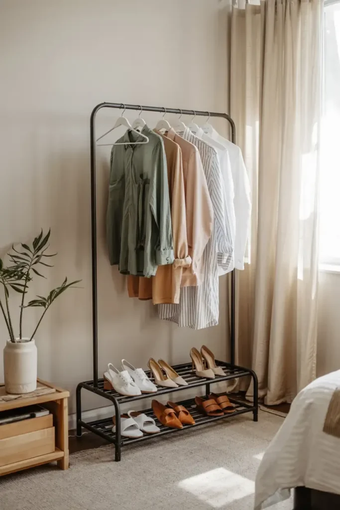 Clothing rack with shirts and shoes.