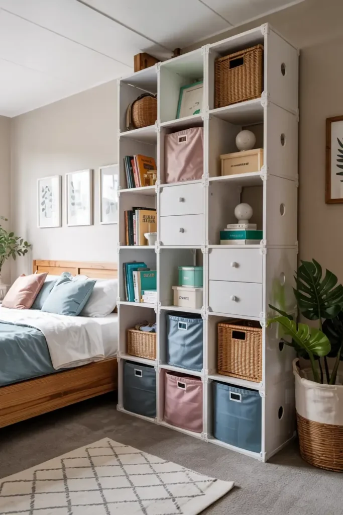 Bedroom interior with cube shelving used as a room divider.
