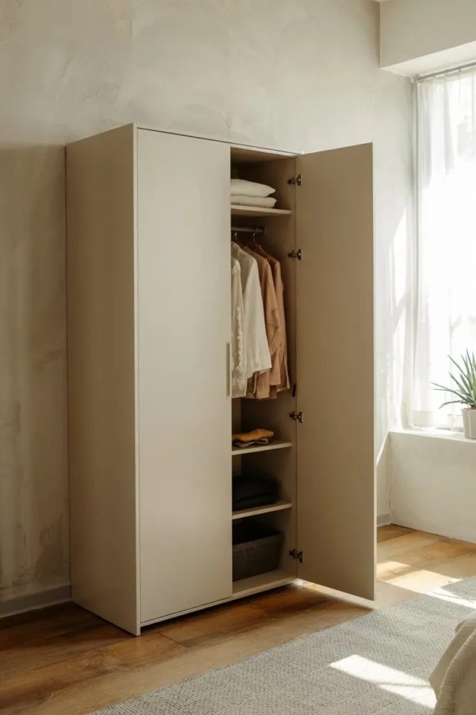 an open wardrobe closet against the wall The wardrobe contains Some folded items on the top shelf