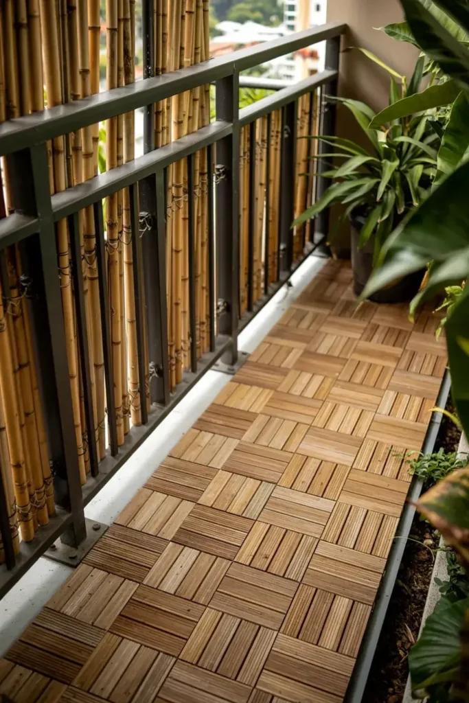 Balcony with wooden deck tiles, bamboo screening, potted plants, and a metal railing.