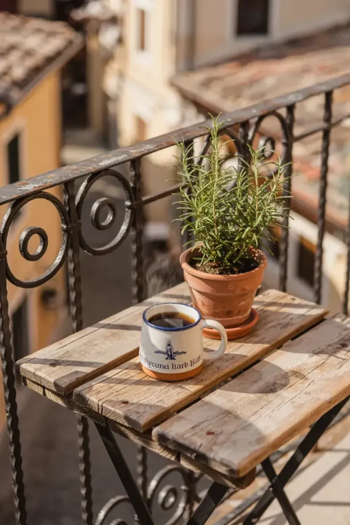 Coffee mug and potted plant on a small wooden table on a balcony.