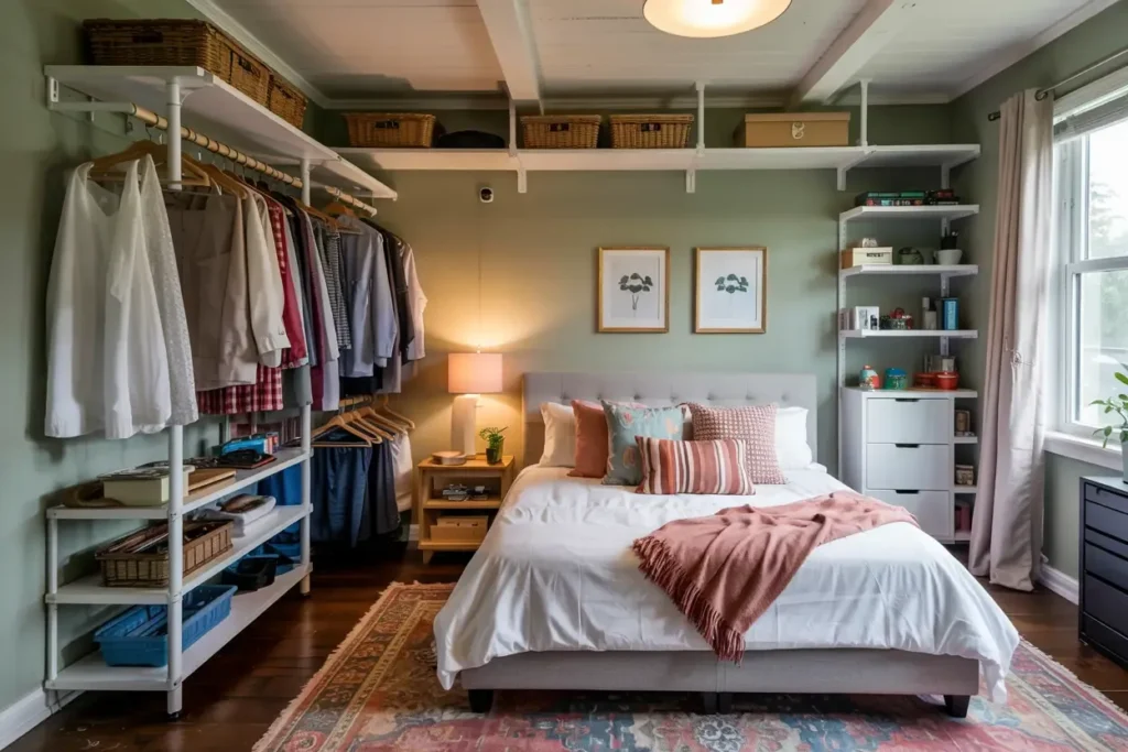 Bedroom with sage green walls featuring open white shelving for clothes storage surrounding a neatly made bed.