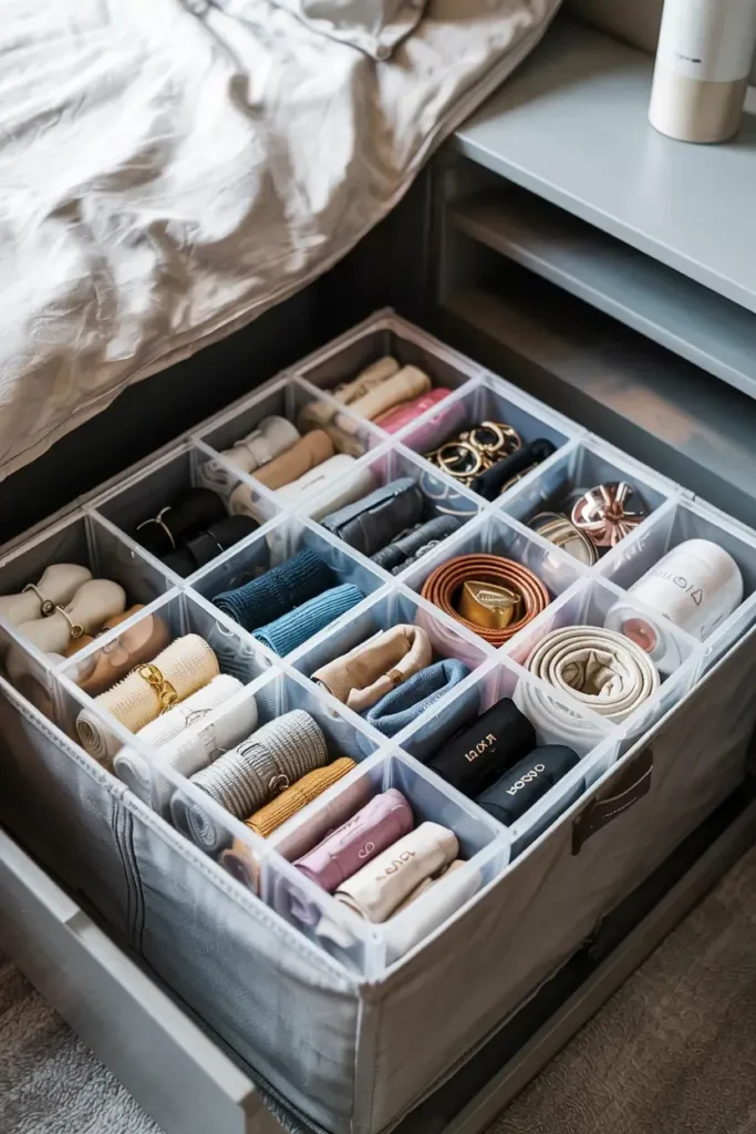 Under-bed drawer organizer with compartments holding rolled belts and accessories.