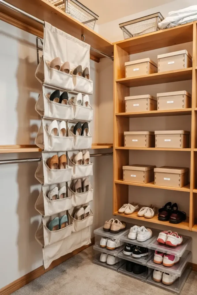 Organized Closet with Hanging Shoe Storage