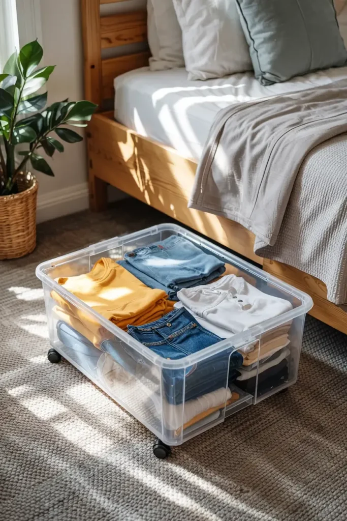 Clear plastic under-bed storage bin on wheels filled with neatly folded clothes in a sunlit bedroom.