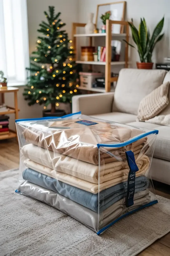 Stacked folded blankets inside a clear zippered storage bag resting on a living room rug.