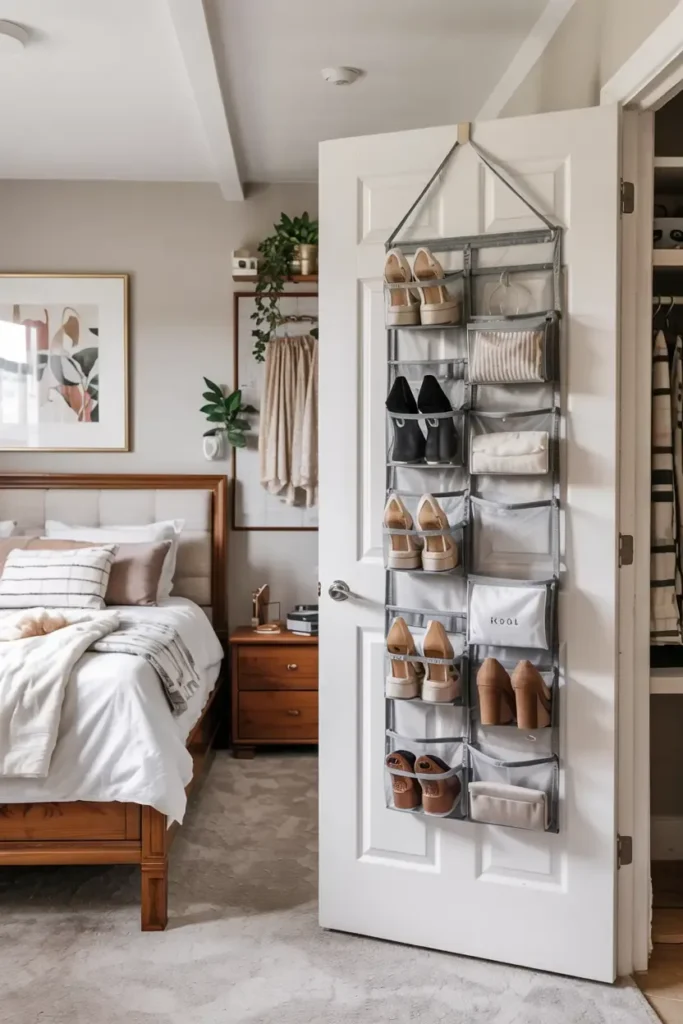 Over-the-door shoe organizer in a bedroom.
