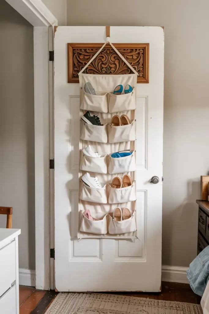 Fabric shoe organizer filled with shoes hanging on the back of a white door.