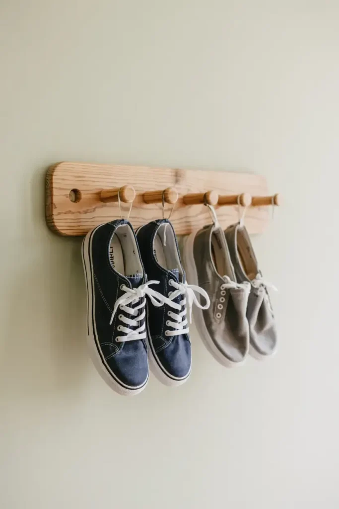 Two pairs of canvas sneakers, blue and grey, hang on a wooden peg rack mounted to a wall.