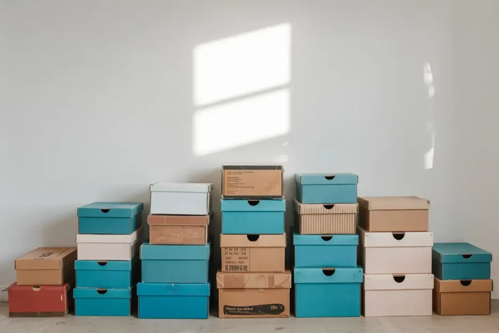 Stacks of blue, brown, and white shoeboxes lined up against a white wall with sunlight.