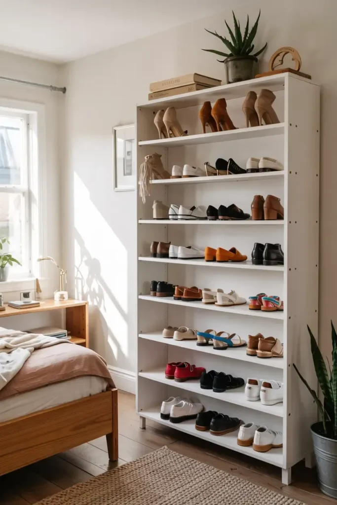 shoe display in book shelf in minimalist bedroom