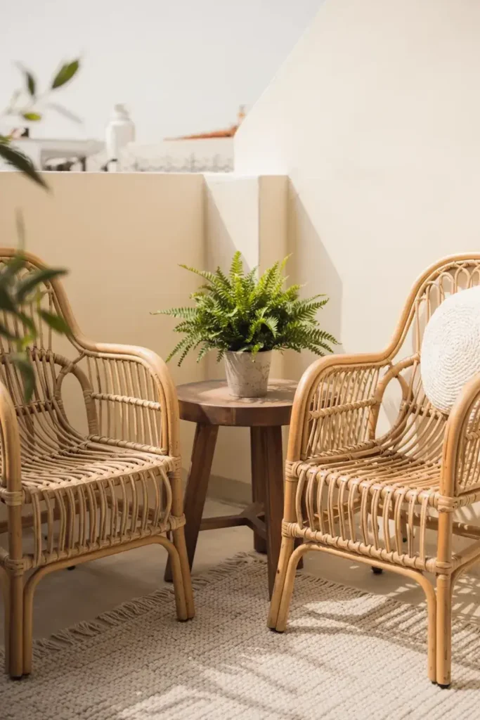 Two wicker chairs and a small wooden table with a fern on a balcony.