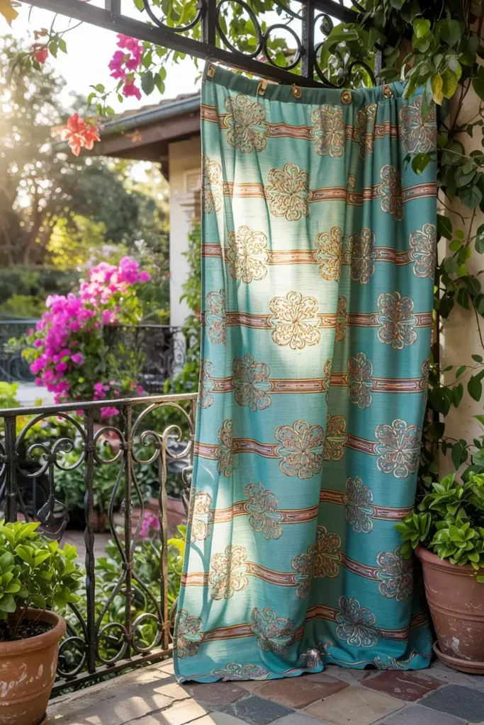A patterned curtain hangs on a balcony with plants and flowers in the background.