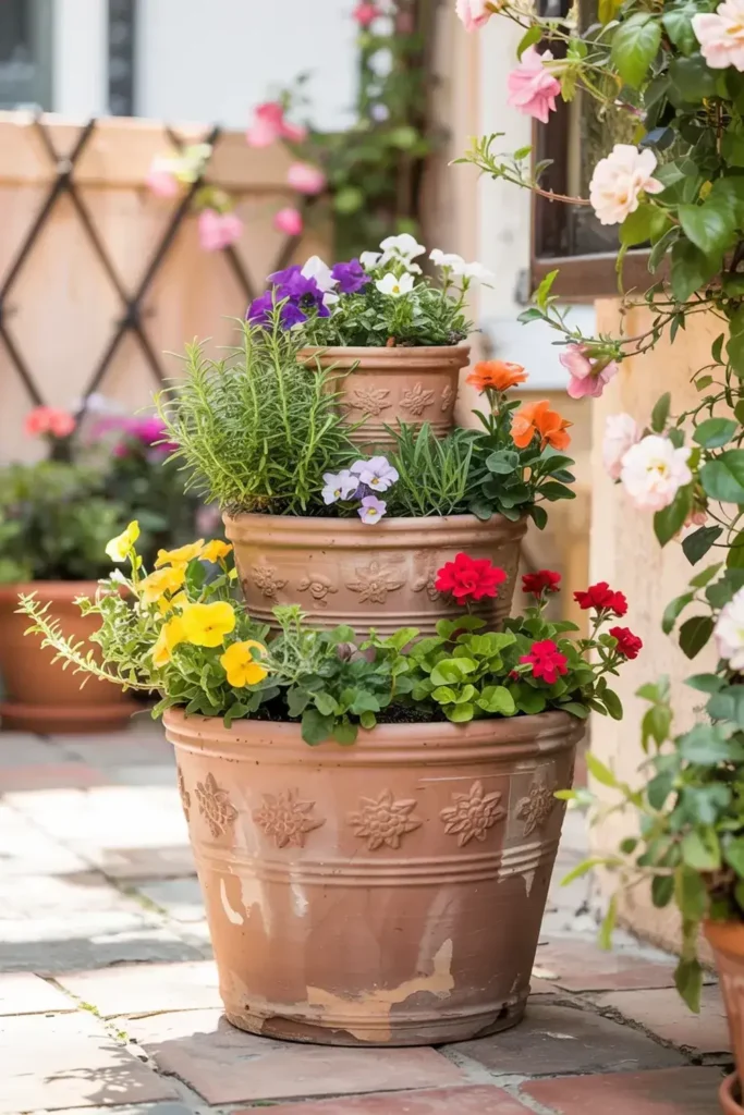 Three terracotta pots stacked on top of each other with different colorful flowers and herbs.