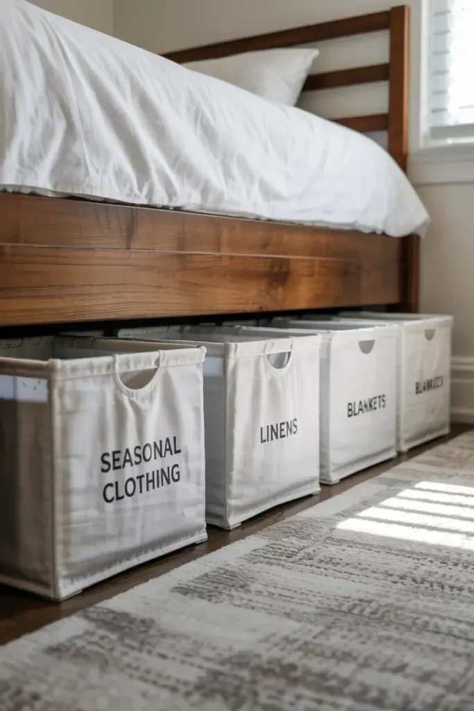 Four white fabric storage bins labeled "Seasonal Clothing", "Linens", and "Blankets" lined up under a wooden bed frame.