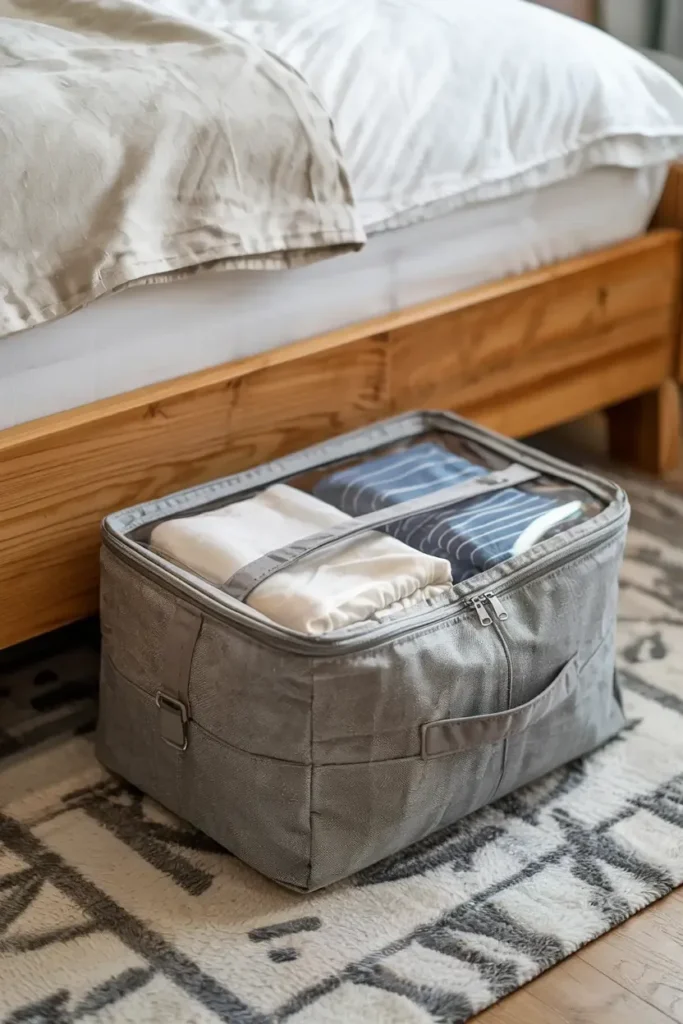 Grey fabric under-bed storage container with clear top holding folded linens on a rug.