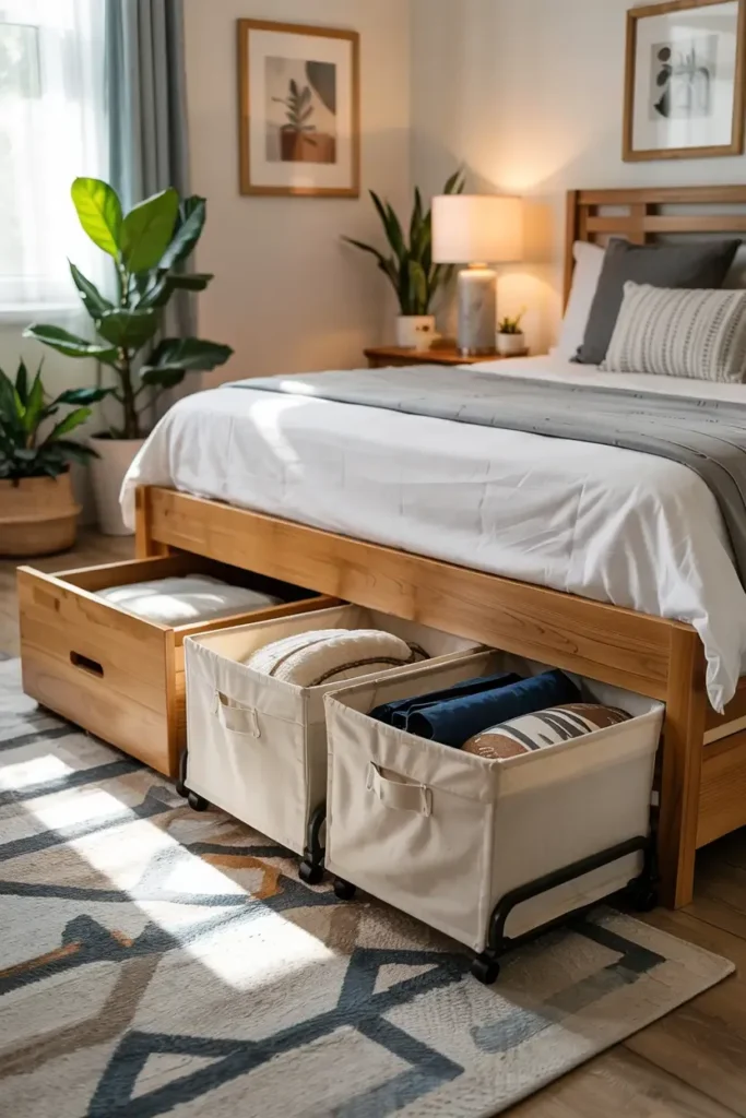 Bedroom with wooden bedframe, underbed storage drawers, and patterned rug.