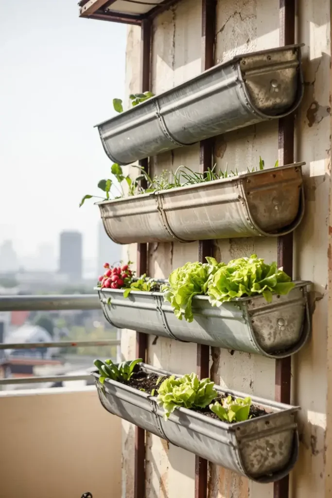 Vertical garden with vegetables and herbs grown in repurposed metal gutters mounted on a balcony wall.