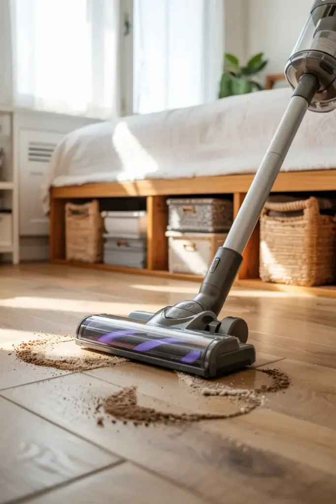 Cordless stick vacuum cleaner sucking up dirt from a wooden bedroom floor.