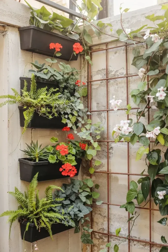 Vertical garden with plants in black planters mounted on a wall, alongside a climbing vine on a metal grid.