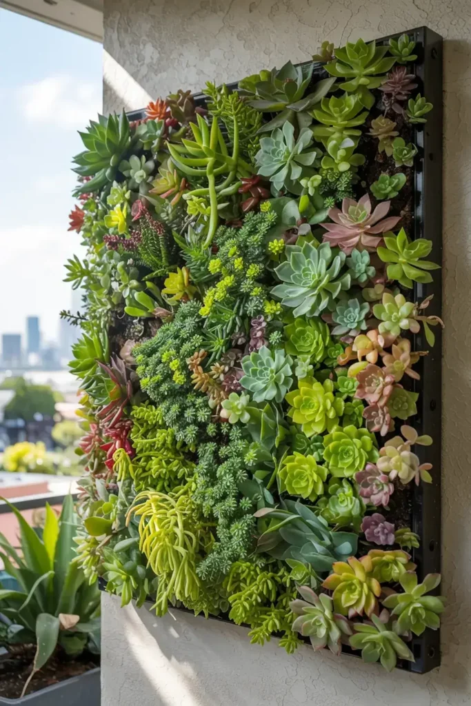 Vertical succulent garden in a black frame on a balcony.
