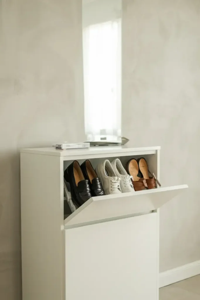 White shoe cabinet with top drawer tilted open revealing black loafers, white sneakers, and brown sandals.