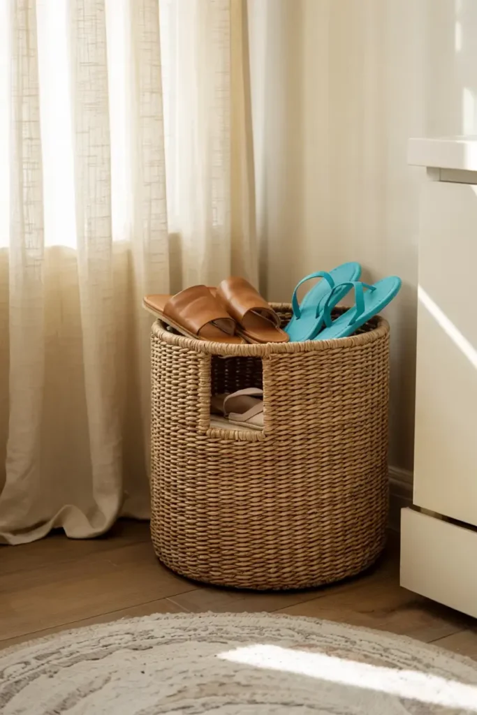 Wicker shoe basket by sheer curtains