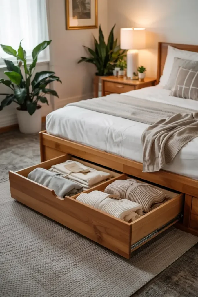 Wooden bed frame with an open under-bed storage drawer filled with neatly folded clothes.