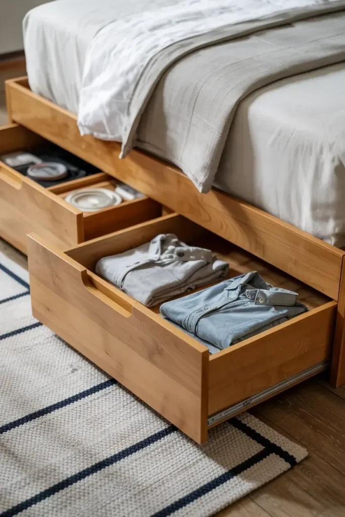 Bed with under-bed storage drawers.