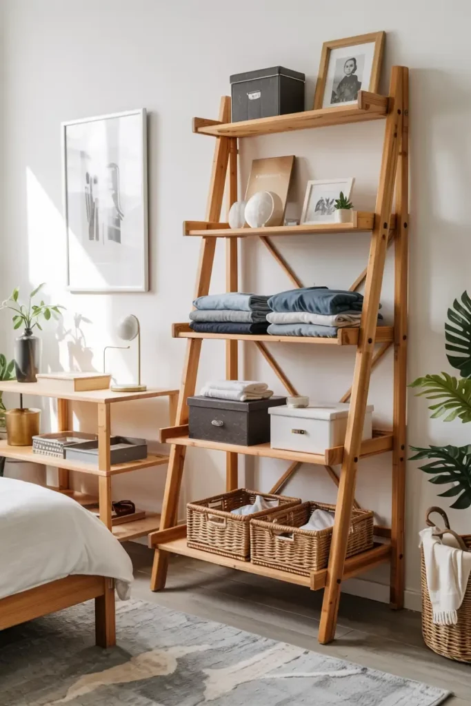 Bedroom with wooden ladder shelf storing bedding and decor.