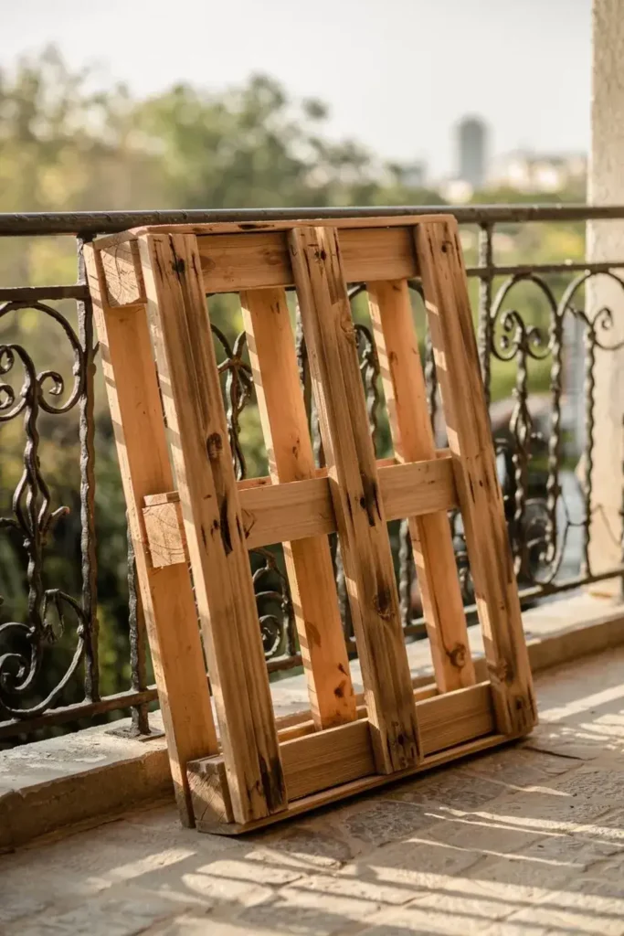 Wooden shipping pallet leaning against a wrought iron balcony.