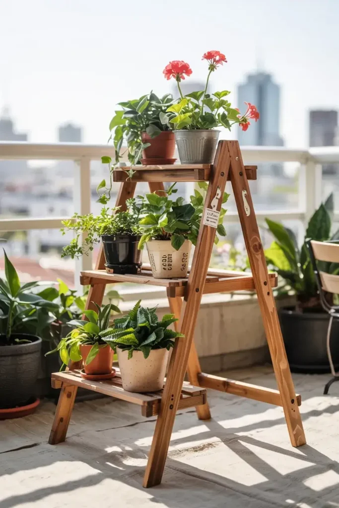 Wooden plant stand with various potted plants on a balcony overlooking a city.