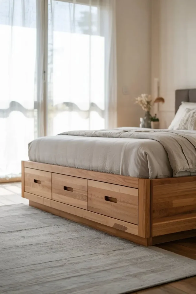 Light wood bed frame with three integrated storage drawers in a sunlit bedroom.
