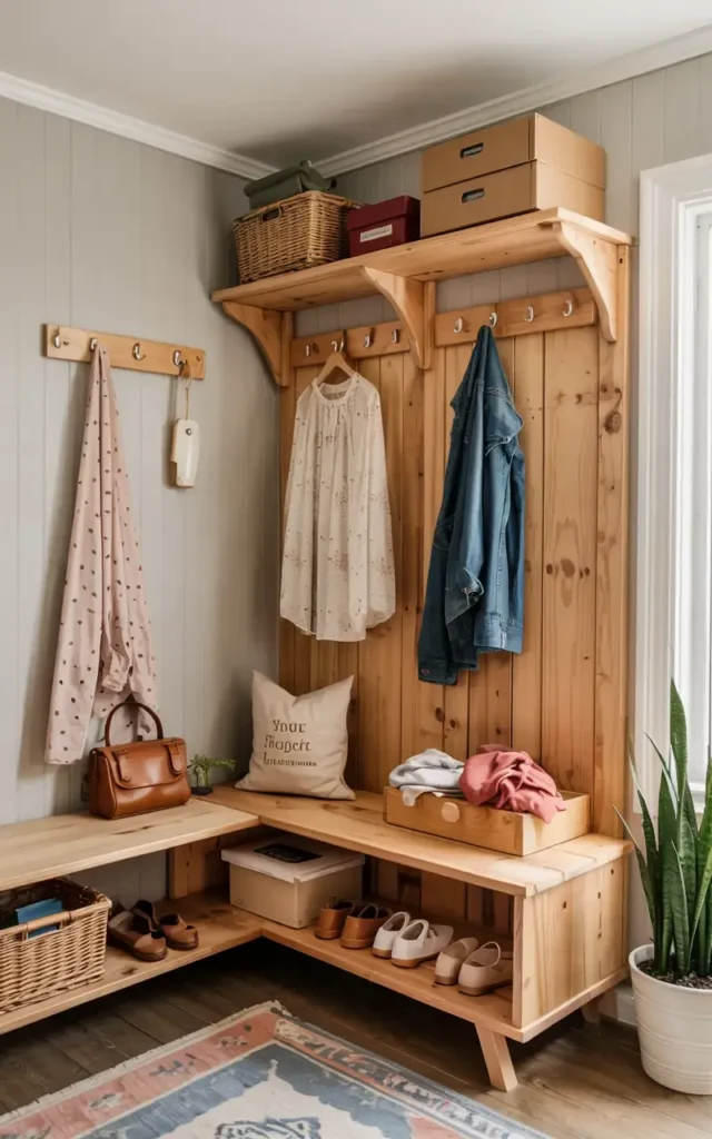 A wooden L-shaped entryway bench with coat hooks, shelves, and storage.