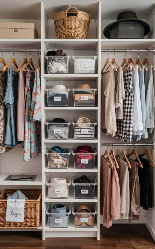 Well-organized closet featuring hanging clothes and labeled clear bins storing accessories on shelves.