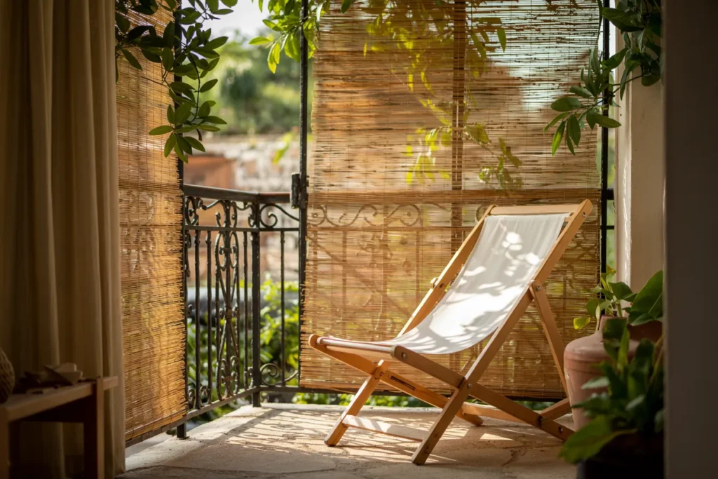 A sunlit balcony with a wooden lounge chair, bamboo screen, and wrought iron railing.