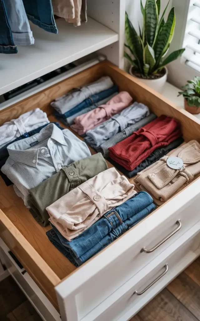 Open wooden drawer filled with neatly folded clothes arranged in rows.