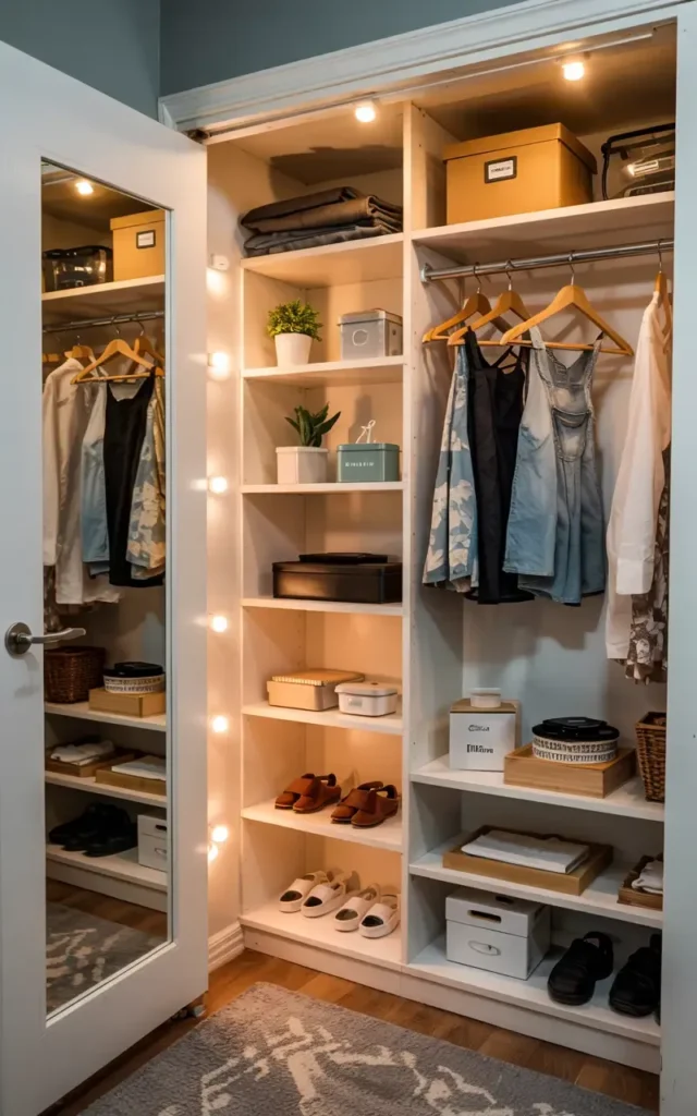 Well-organized white closet interior with lit shelves holding clothes, shoes, and storage boxes.