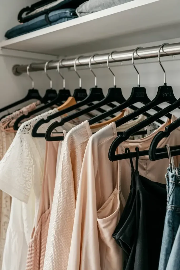 Clothes hanging on black hangers in a closet with folded items on a shelf above.