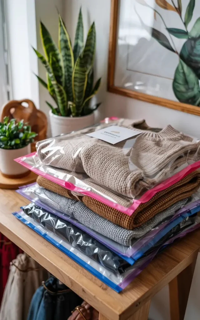 Folded sweaters stored in clear plastic bags stacked on a wooden table.