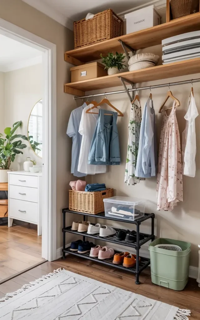 Organized closet area with wooden shelves, hanging clothes, shoe rack, and storage baskets.