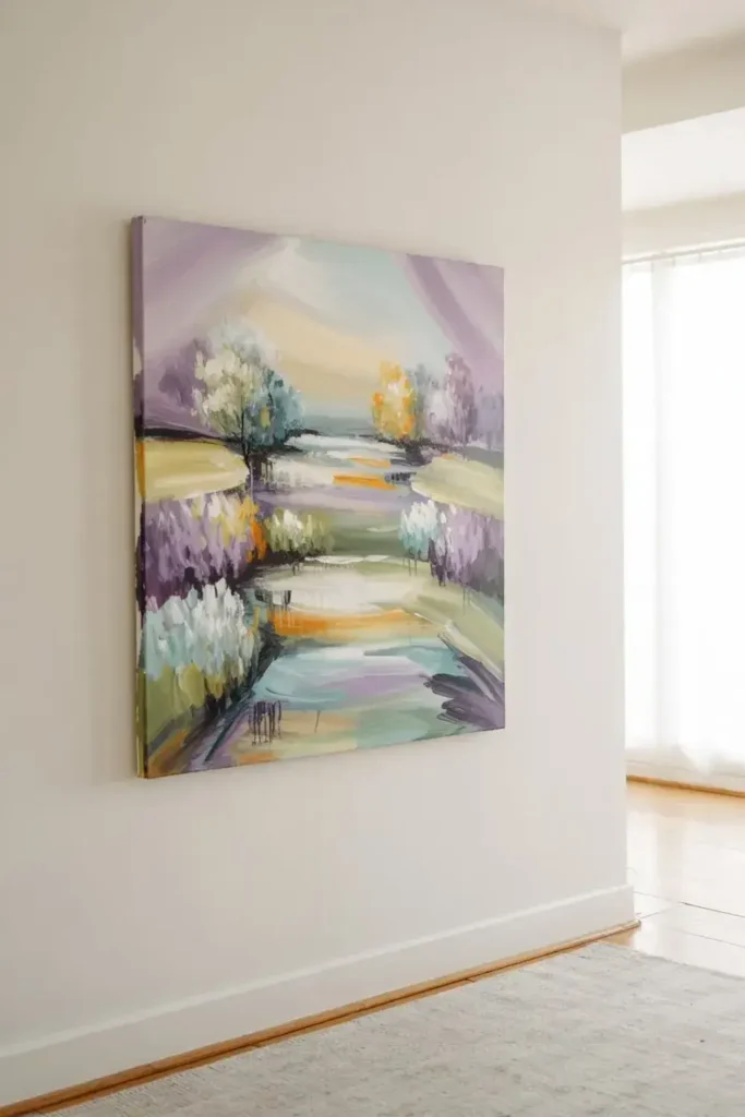 Abstract landscape painting with muted purples, greens, and yellows hanging on a white wall.