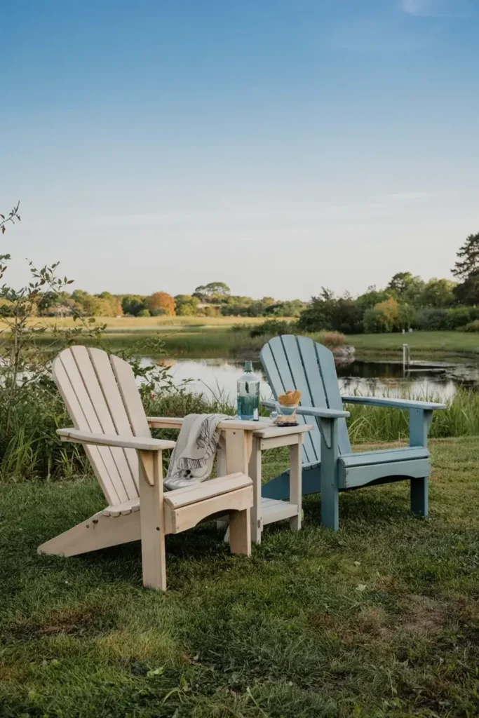 Two Adirondack chairs, one cream and one blue, with a small table between them on a lawn overlooking a pond.